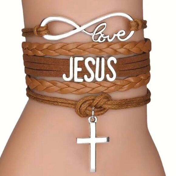 Jesus Loves You  Infinity Brown Charm Bracelet Womens Girls Christian Cross New - Picture 1 of 3